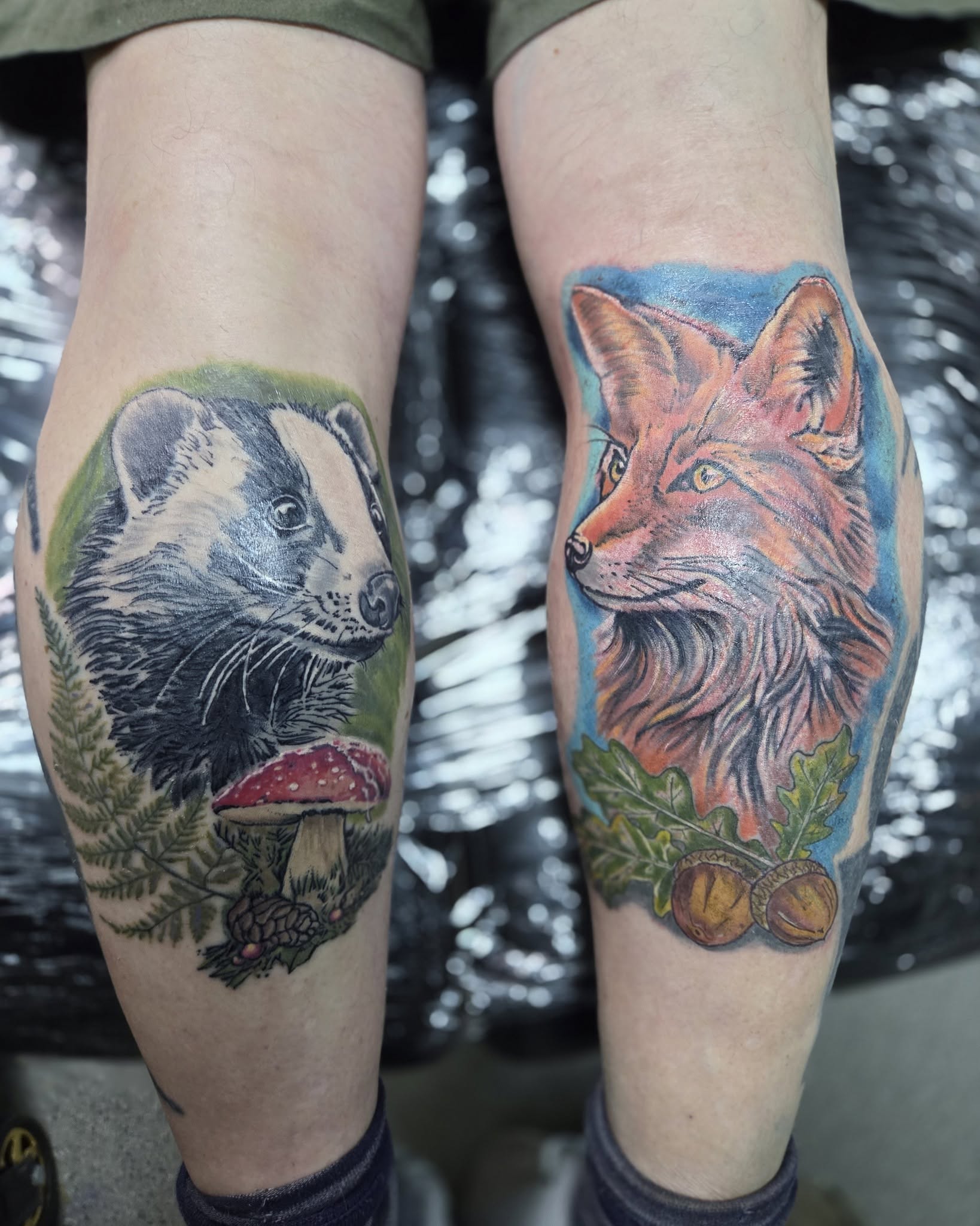 Dan’s paired calf tattoos showing a badger with ferns and a fox with oak leaves